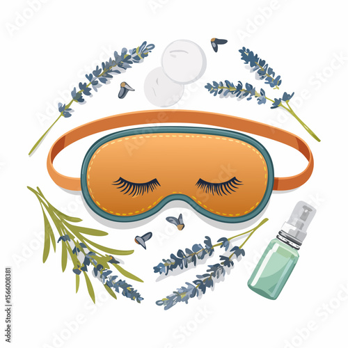 Vector flatlay of sleep aids including silk mask, lavender buds, spray, dried flowers, earplugs on white background with soft shadows.