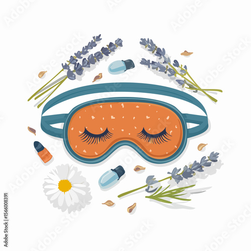 Vector flatlay of sleep aids including silk mask, lavender buds, spray, dried flowers, earplugs on white background with soft shadows.