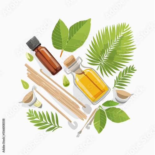 Essential oils vector flatlay with roller bottles, droppers, scent bowls, diffuser sticks and tropical leaves, soft clean look.