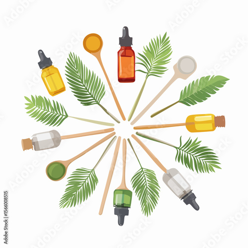 Essential oils vector flatlay with roller bottles, droppers, scent bowls, diffuser sticks and tropical leaves, soft clean look.