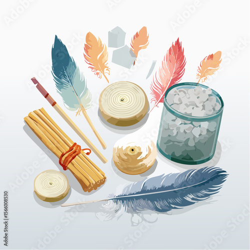 Mindfulness vector flatlay featuring incense sticks, crystals, feathers, and affirmation cards in a minimal tropical layout.