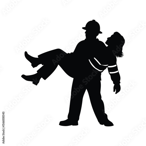Firefighter carrying a woman silhouette in rescue operation during emergency situation