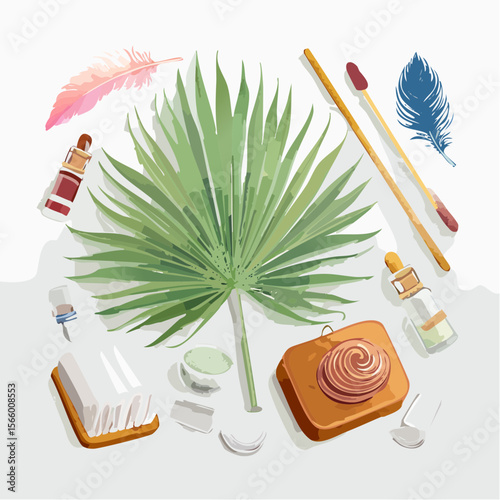 Mindfulness vector flatlay featuring incense sticks, crystals, feathers, and affirmation cards in a minimal tropical layout.