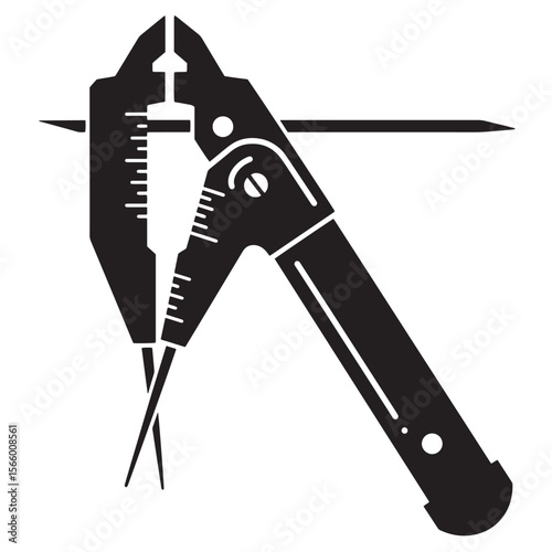 Black and white stylized vector illustration of a caliper measuring instrument