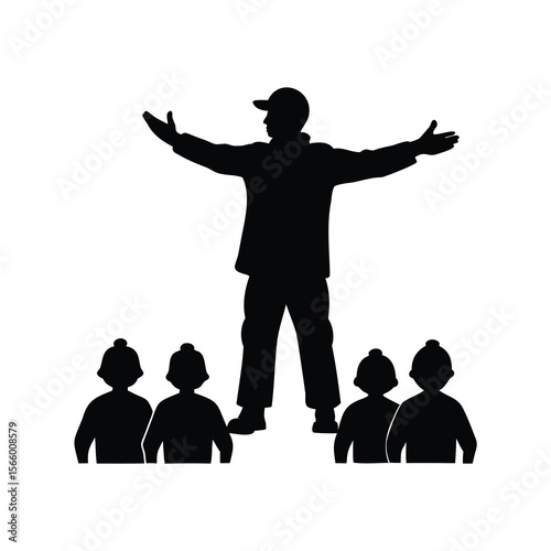 Black silhouette of a man with outstretched arms addressing a crowd