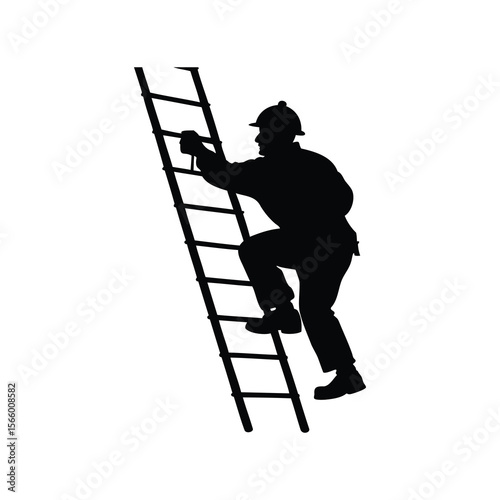 Silhouette of worker climbing a ladder with safety helmet and attire