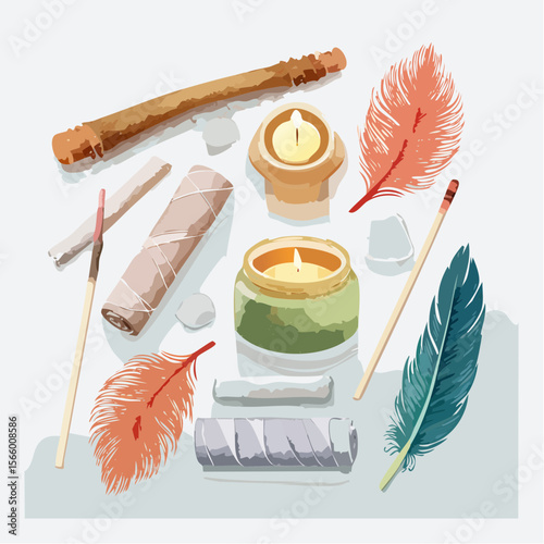 Mindfulness vector flatlay featuring incense sticks, crystals, feathers, and affirmation cards in a minimal tropical layout.