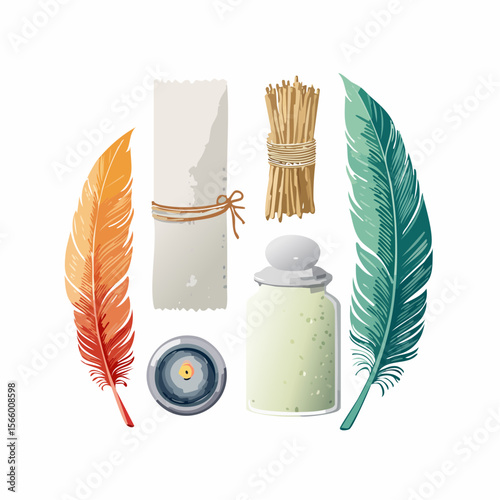 Mindfulness vector flatlay featuring incense sticks, crystals, feathers, and affirmation cards in a minimal tropical layout.