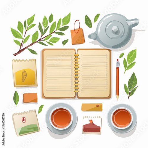 Vector flat lay of journaling and wellness tools like open planner, pens, herbal tea bags, tiny gratitude notes and leaves.