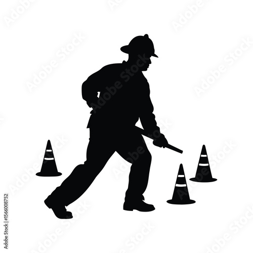 Silhouette of a firefighter navigating a training course with traffic cones