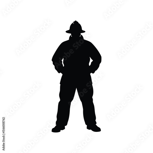 Silhouette of a firefighter standing with hands on hips against white background