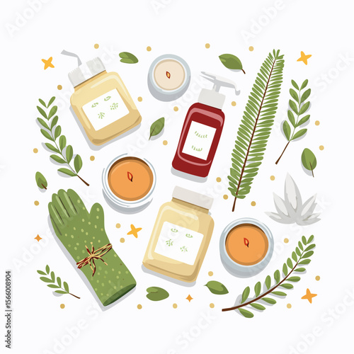 Minimal green wellness product vector flatlay with soaps, oil vials, bath salts, gloves and tiny flowers on clean white.