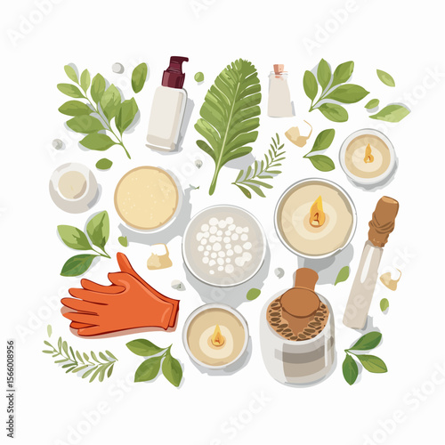 Minimal green wellness product vector flatlay with soaps, oil vials, bath salts, gloves and tiny flowers on clean white.