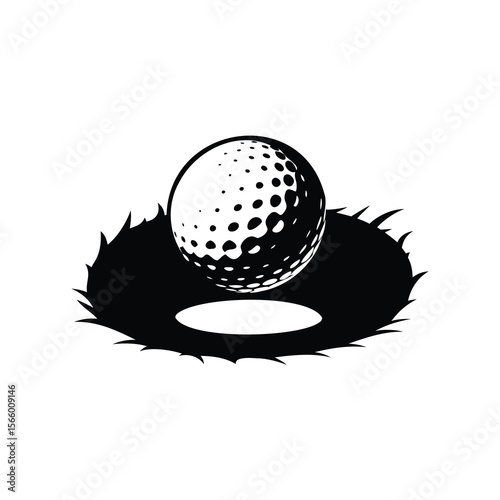 Monochrome Golf Ball Floating over Hole with Spiky Edges Art Illustration