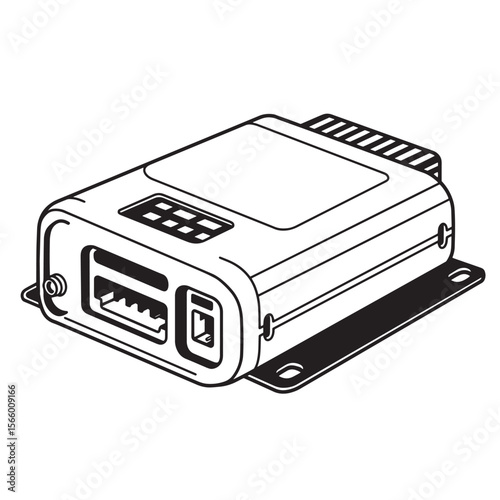 Detailed black and white illustration of an electronic control module or device