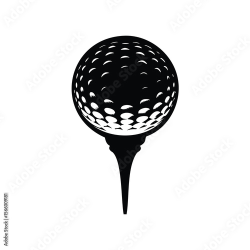A minimalist black and white graphic illustration of a golf ball on a tee