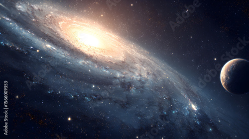 A stunning view of a spiral galaxy with a bright center and a planet on the right side of the image