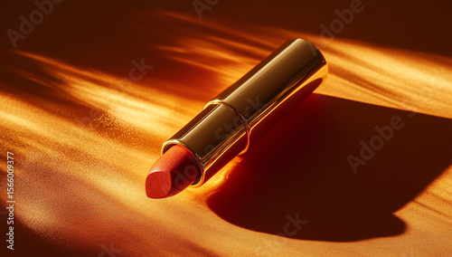 A lipstick with a golden, shimmering case, resting on an orange surface. The light casts long shadows across the background