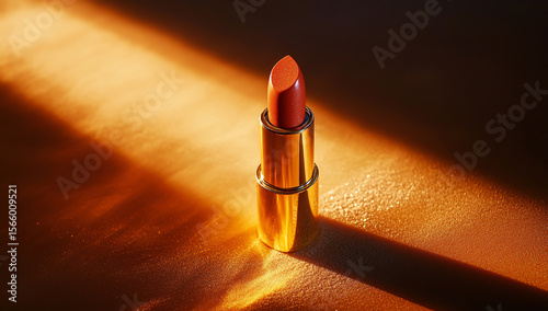 A lipstick with a golden, shimmering case, resting on an orange surface. The light casts long shadows across the background