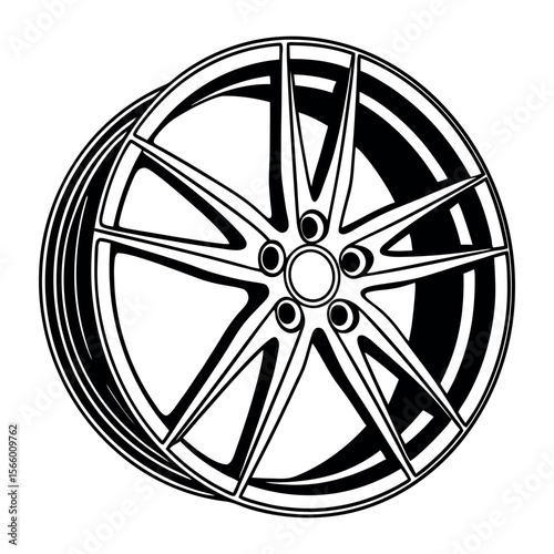Sleek black and white line art of a modern car wheel rim isolated on white background