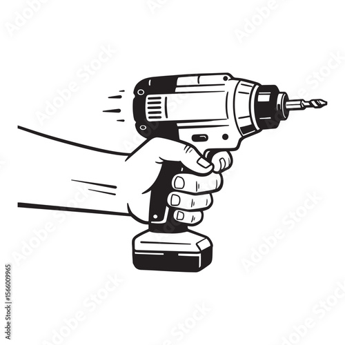 Hand holding power drill ready to use for construction and repair in monochrome illustration