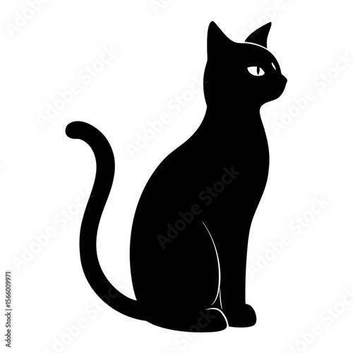 A black cat silhouette sits isolated on white background