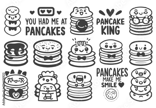  Whimsical Pancake Doodles Cute Breakfast Character Clipart Set Vector File