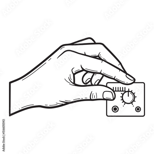 Hand manipulating a control knob vector illustration in bold black and white outline style