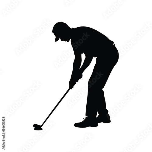 Silhouette of a golfer preparing to putt, concentrating on the ball