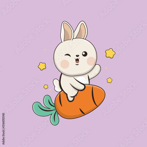 A winking cartoon bunny rides a carrot surrounded by stars