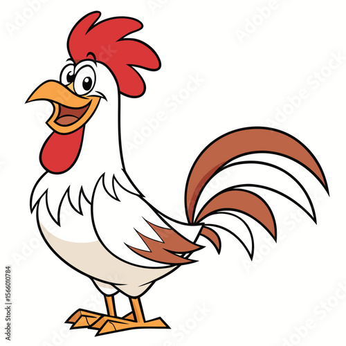 Happy Cartoon Rooster with Red Comb and Brown Tail Feathers