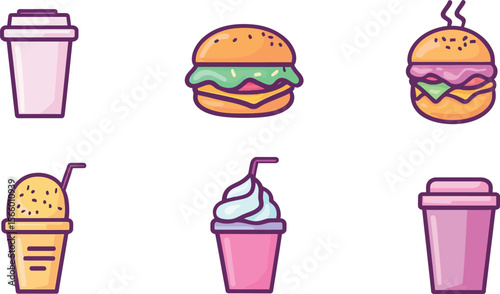 Colorful Fast Food Icon Set with Burgers, Coffee, Ice Cream, and Drinks