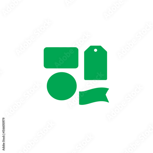 A collection of green shapes including a circle and a rectangle tag