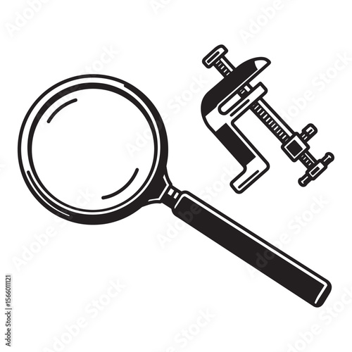 Magnifying glass and clamp tool in black and white illustration for inspection and analysis