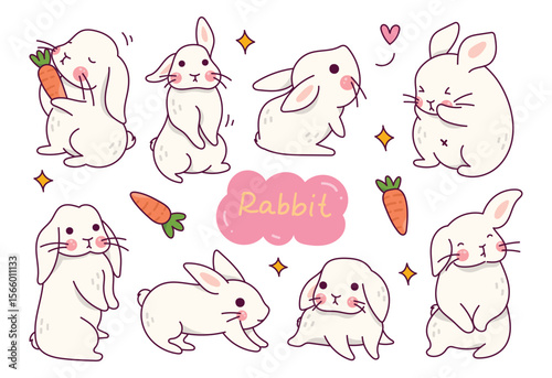 Cartoon rabbits scattered with carrots stars and a pink Rabbit cloud