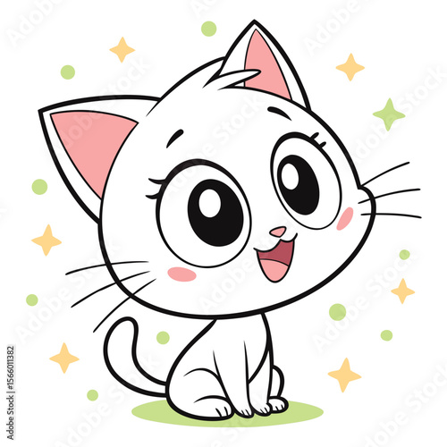 Adorable Kawaii White Kitten Sitting and Smiling with Sparkling Stars
