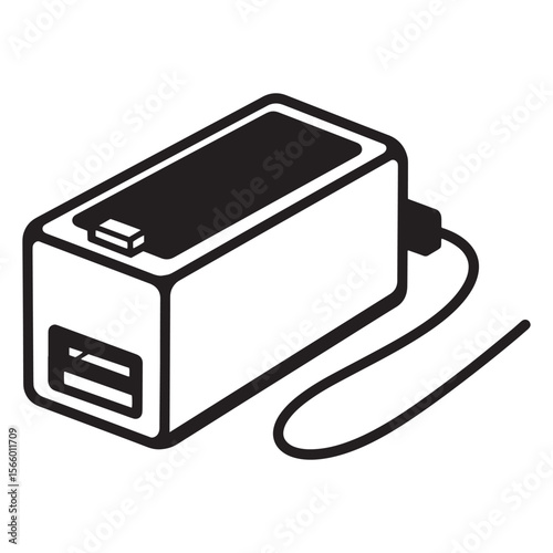 Simple black and white vector illustration of a portable usb charger and cable