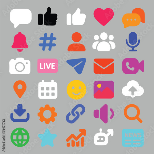 Vibrant Social Media Icons: Flat Design, Colorful, Positive Mood, Communication, Connection, Engagement, Technology, Web, App,  Marketing, Branding,  Modern, Clean, Minimalist Style