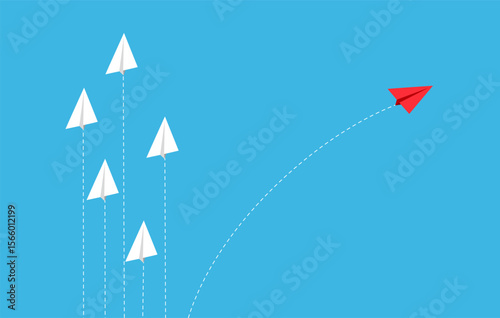 Paper airplanes flying on blue sky. Paper art style of business teamwork and one different vision creative concept idea.Change direction vector illustration