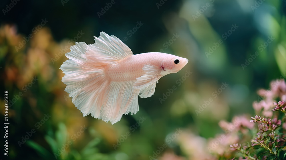 Obraz premium Delicate light pink Betta fish with flowing fins swims through aquatic plants and soft bokeh