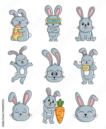 Nine gray bunny cartoon illustrations are organized on a white backdrop