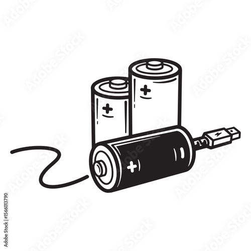 Vector illustration of rechargeable battery concept with usb cable in black and white