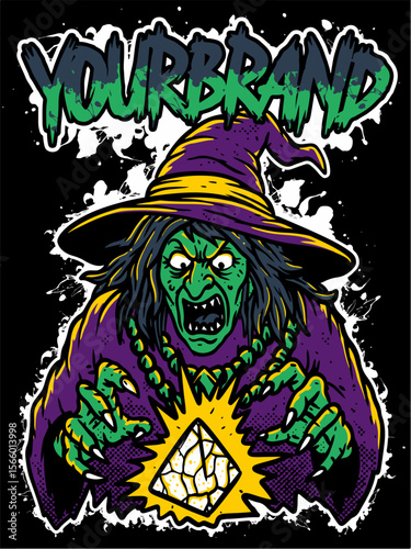 T-shirt design illustration streetwear metalcore band crazy merch witch spell pyramid
