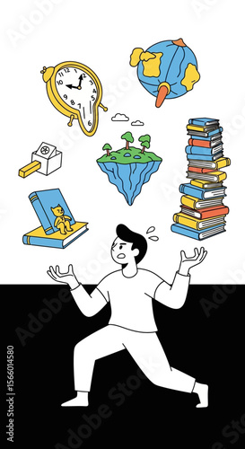 Surreal Juggler Balancing Life Elements – Conceptual Vector Illustration
