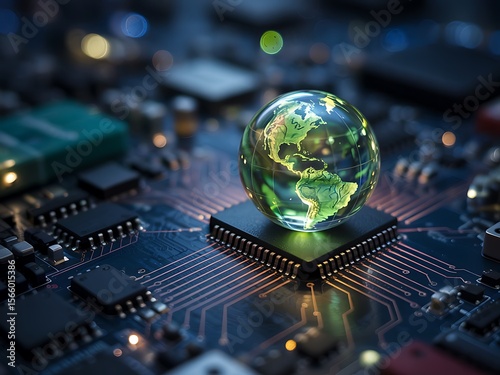 Glowing Earth Globe on Computer Circuit Board technology