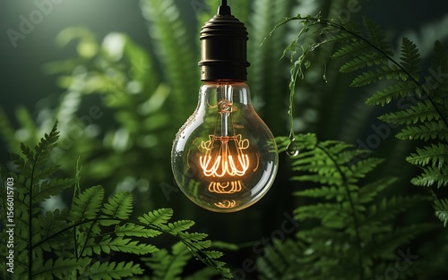 Glowing filament bulb amidst lush green ferns incandescent light bulb