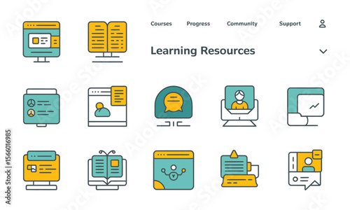 Colorful online education icon set, e-learning, testing, exam and quiz symbols in linear vector style

