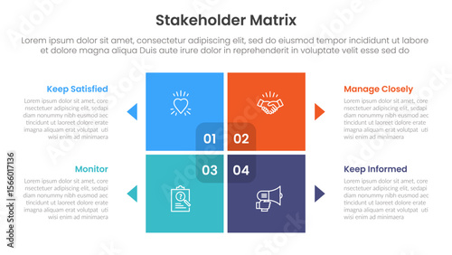 stakeholder matrix analysis infographic template banner with big square matrix quadrant on center with small arrow pointer for slide presentation