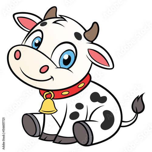 Cute Cartoon Baby Cow with Blue Eyes and Red Collar
