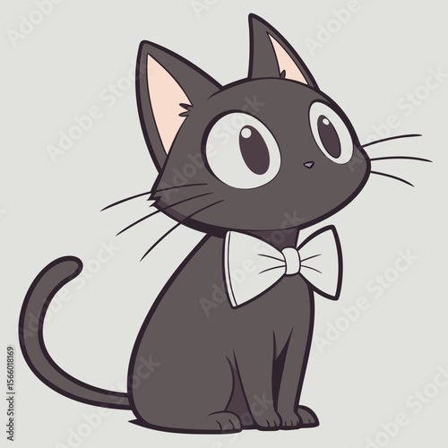 Adorable black cat wearing a white bow tie sitting patiently